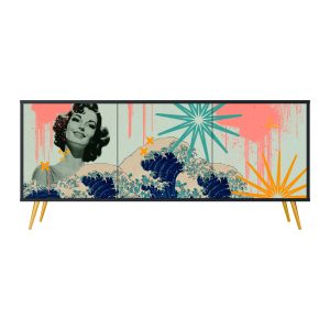 KANAGAWA BEAUTY Komoda 3 drzwi Czarna-Metalowa szpilka złota 442306 KANAGAWA BEAUTY Komoda 3 drzwi Czarna-Metalowa szpilka złota 442306