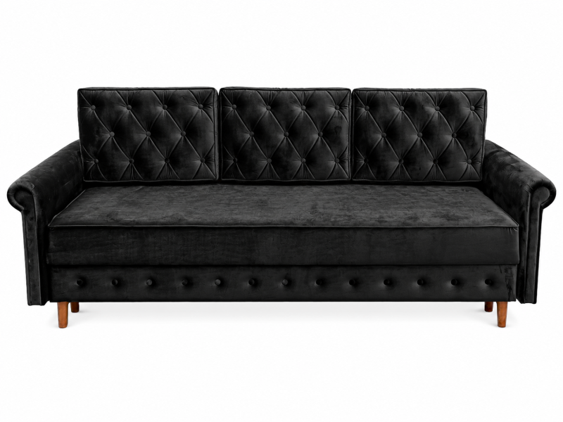 Kanapa Lili pikowana glamour z funkcją spania, pojemnik velvet czarna 238848