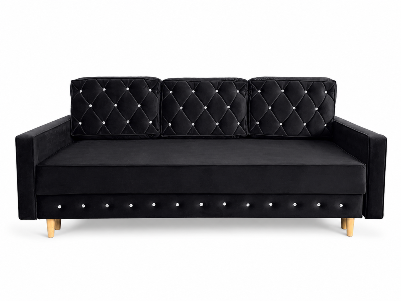 Kanapa Lux 3-osobowa glamour z funkcją spania czarna velvet pojemnik 230949