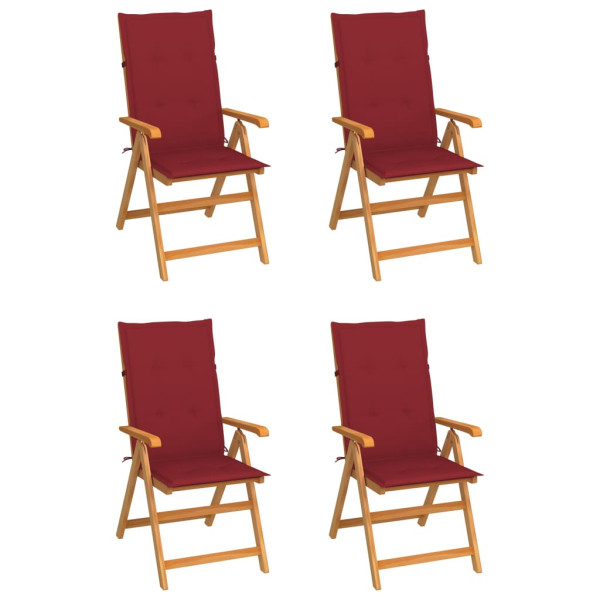 Krzesła ogrodowe, 4 szt., czerwone poduszki, drewno tekowe 567697