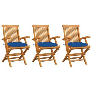 Krzesła ogrodowe, niebieskie poduszki, 3 szt., drewno tekowe 567686 Krzesła ogrodowe, niebieskie poduszki, 3 szt., drewno tekowe 567686