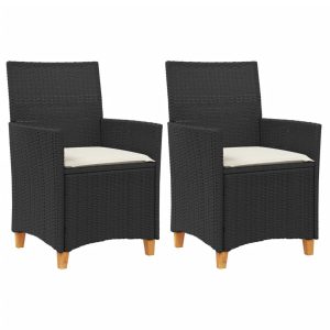 Krzesła ogrodowe, poduszki, 2 szt., czarne, rattan PE i drewno 669484 Krzesła ogrodowe, poduszki, 2 szt., czarne, rattan PE i drewno 669484