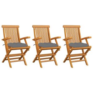 Krzesła ogrodowe, szare poduszki, 3 szt., lite drewno tekowe 567705 Krzesła ogrodowe, szare poduszki, 3 szt., lite drewno tekowe 567705