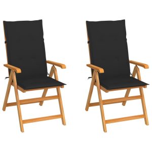 Krzesła ogrodowe z czarnymi poduszkami, 2 szt., drewno tekowe 567672 Krzesła ogrodowe z czarnymi poduszkami, 2 szt., drewno tekowe 567672